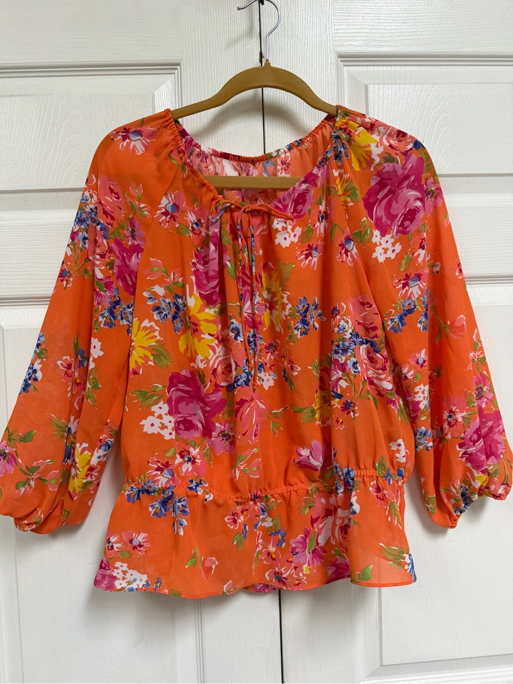 Bright Orange Floral Peasant Top - Women's Size Large